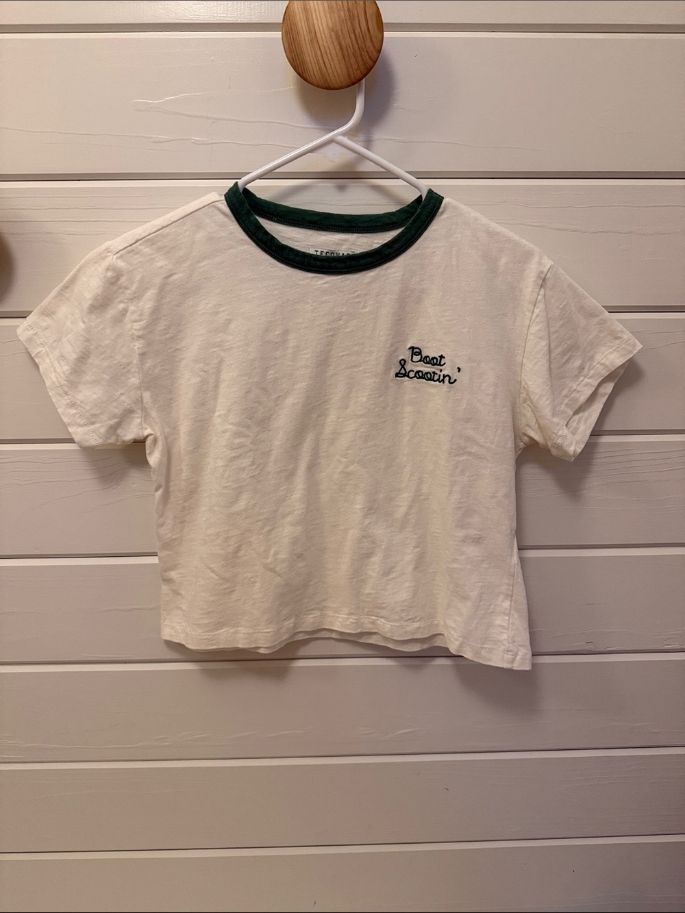 Tecovas “Boot Scootin’” Cream Tee with Dark Green Ringer
